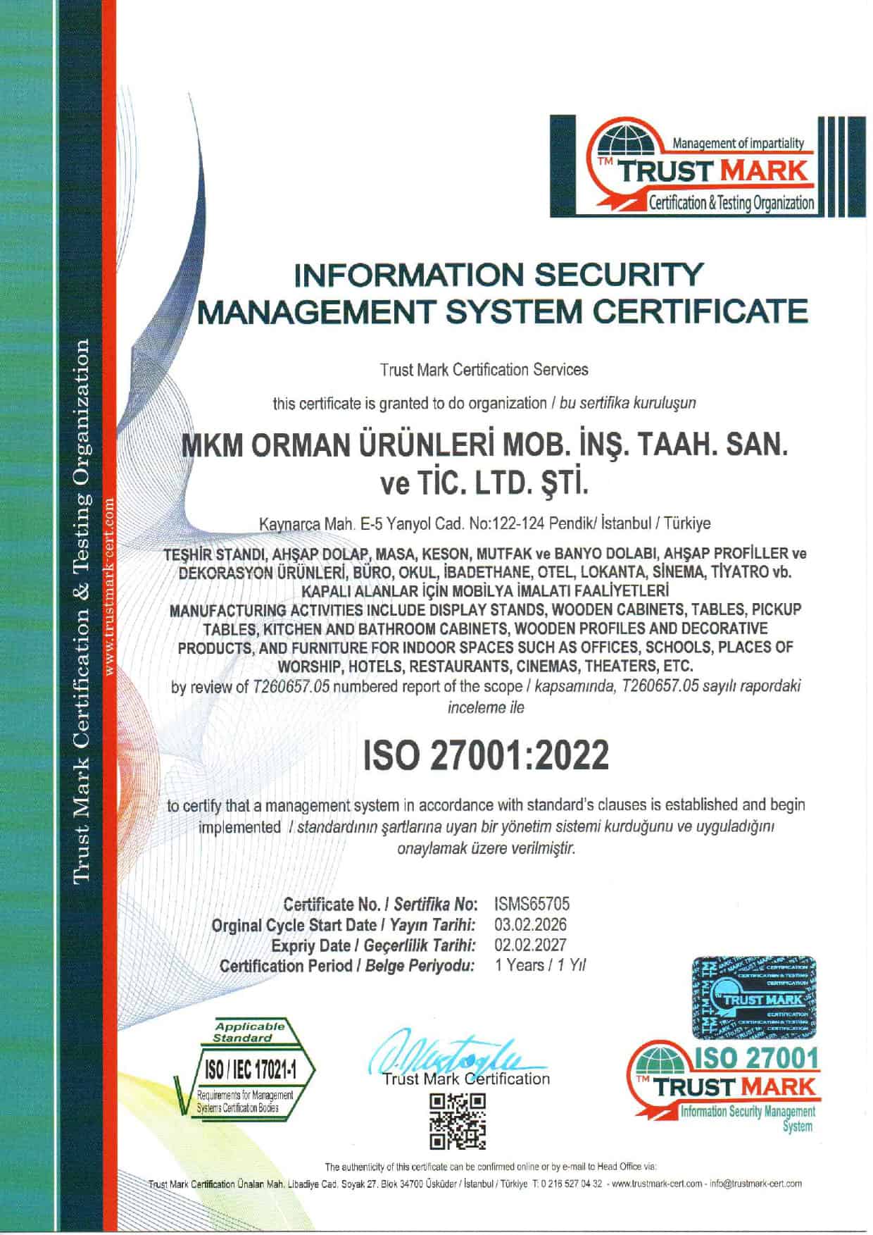 MKM ISO 27001 Bilgi Güvenliği Yönetim Sistemi Belgesi