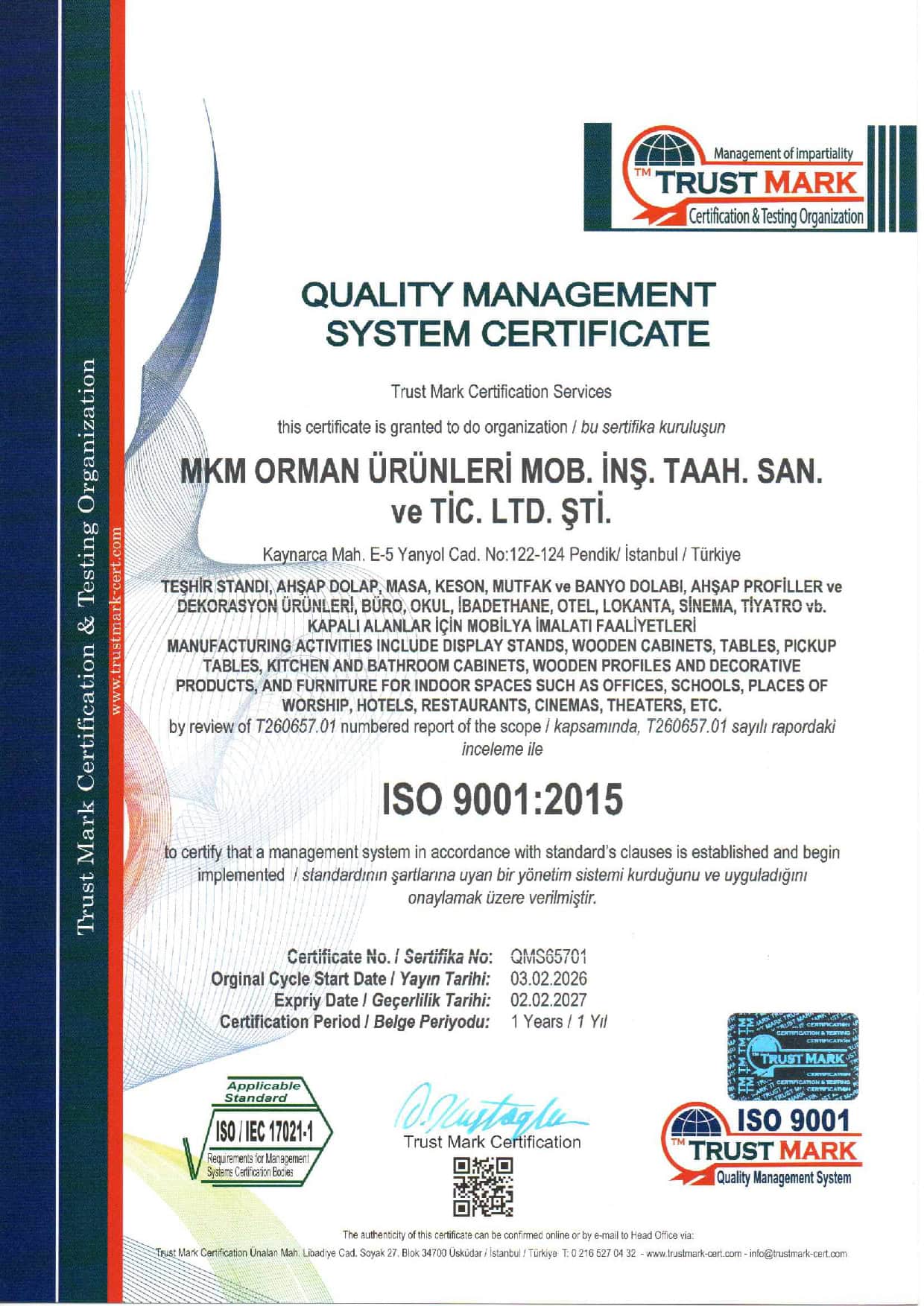 MKM ISO 9001 Kalite Yönetim Sistemi Belgesi